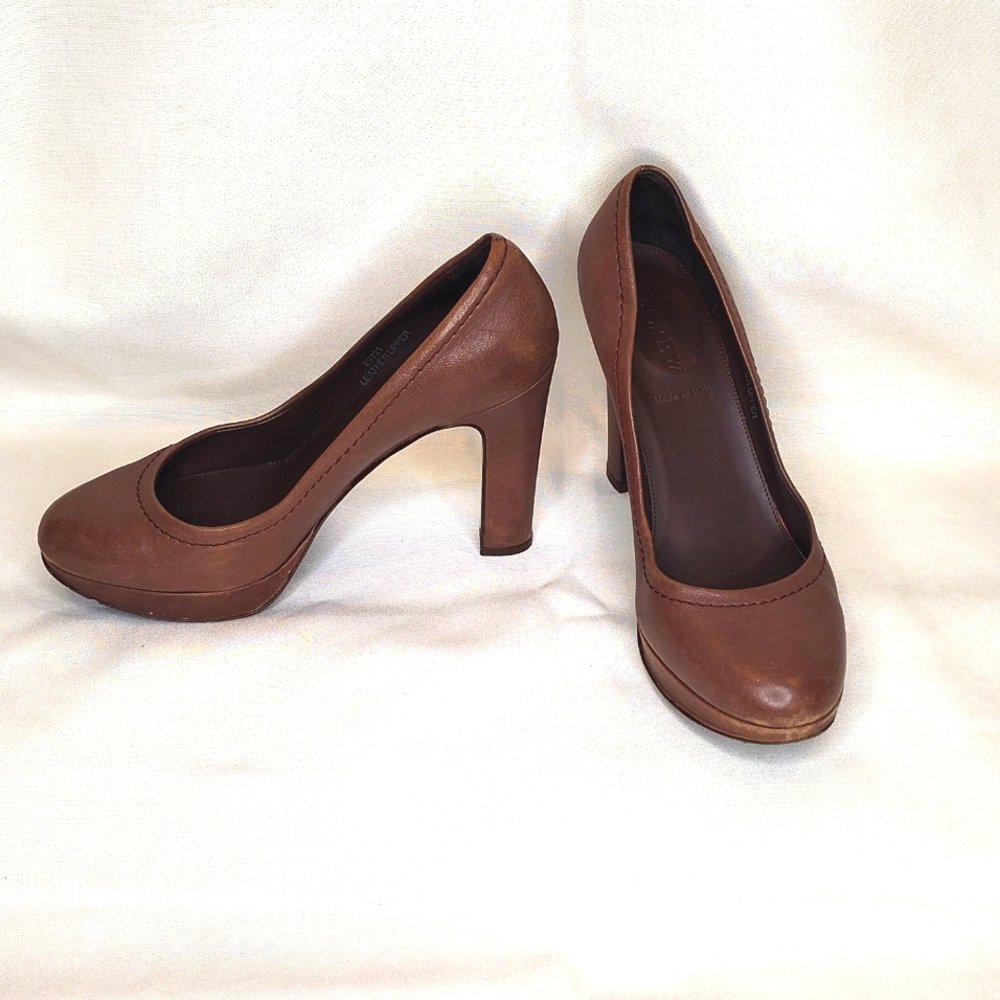 J crew brown leather platform chunky heel classic pump shoes made in Italy 7.5